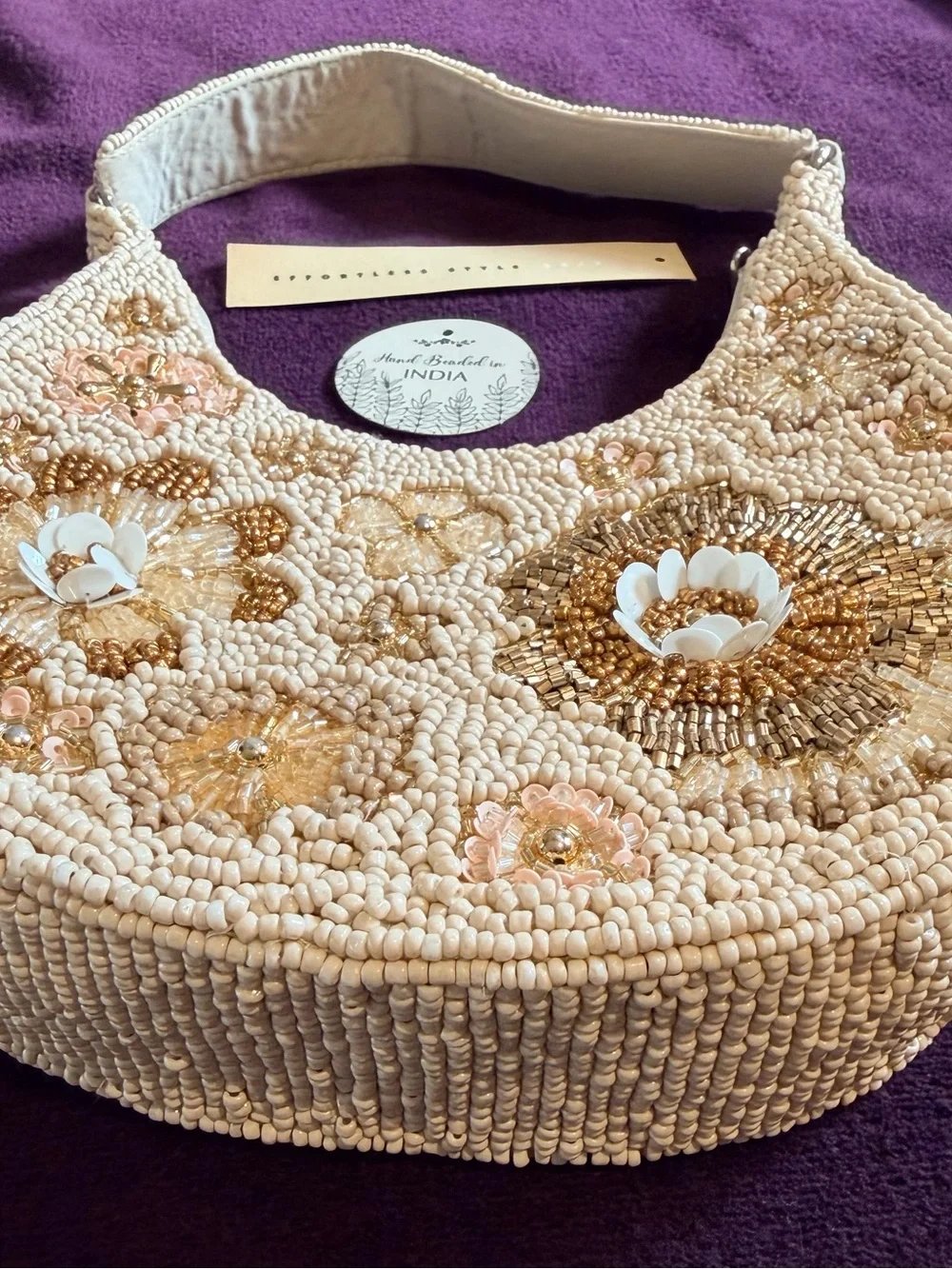Handmade Beaded Floral Shoulder Bag — Cream